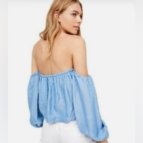 Free People Top Women’s Small In The Limelight Linen Blue Off-Shoulder Crop - Picture 10 of 10